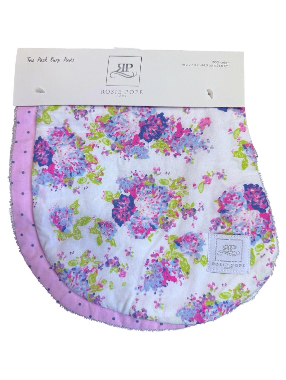 NWT Pretty Rosie Pope Cotton Burp Cloths Two Pack Floral & Polka Dot Pink Blue